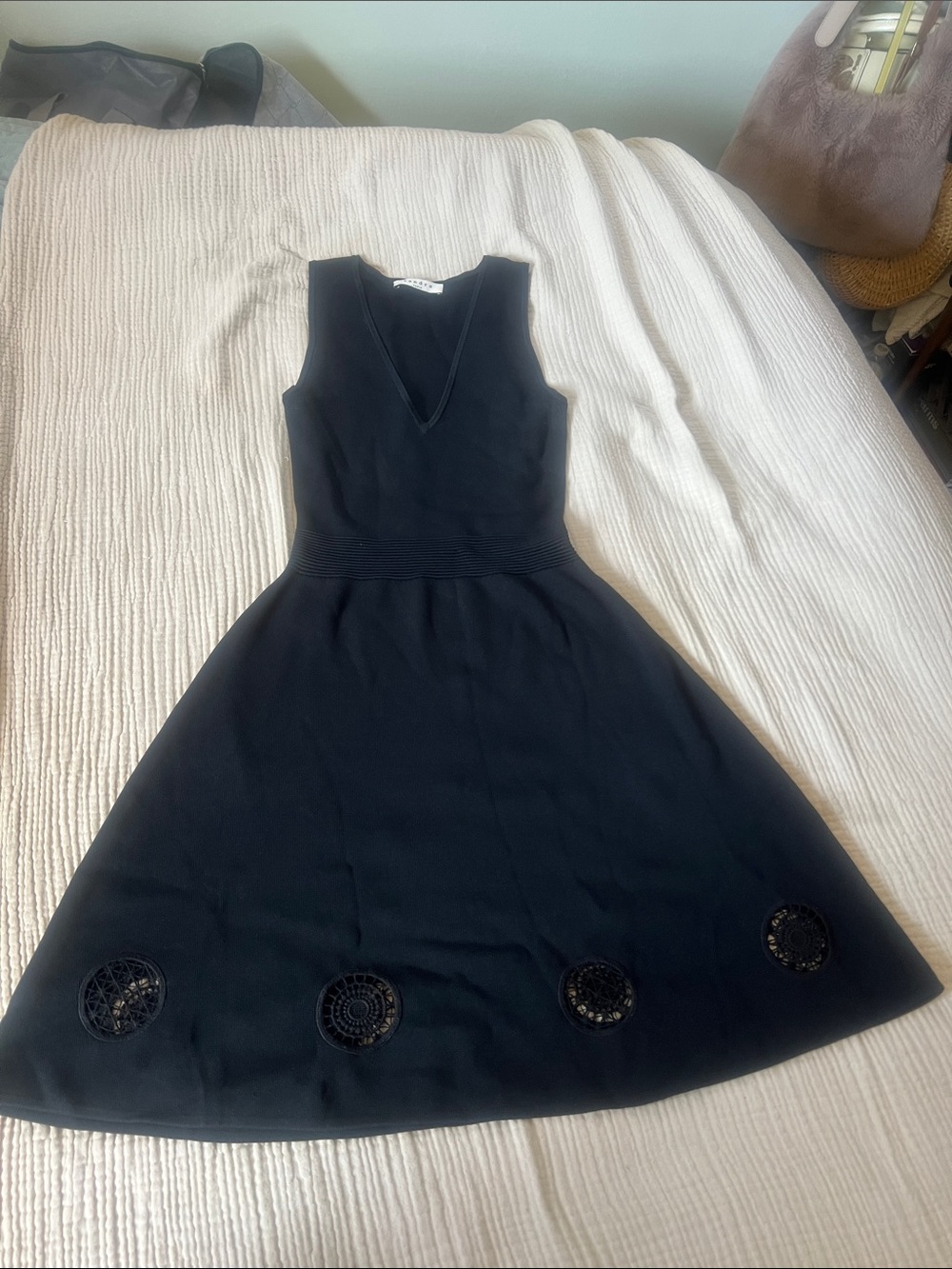 V-Neck Black Midi Fit-and-Flare Dress with Decorative Hem Details